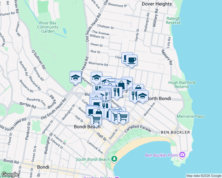 map of restaurants, bars, coffee shops, grocery stores, and more near 68 Plowman Street in North Bondi
