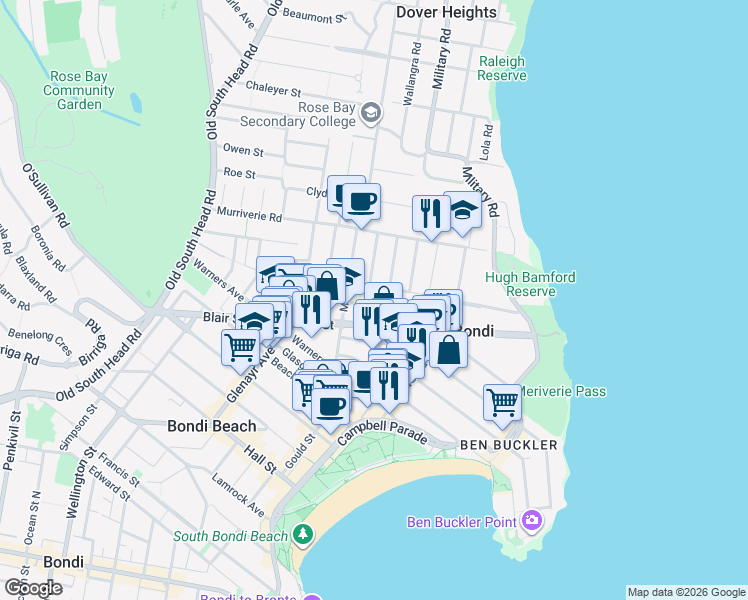 map of restaurants, bars, coffee shops, grocery stores, and more near 47 Oakley Road in North Bondi
