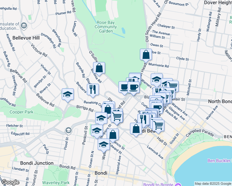map of restaurants, bars, coffee shops, grocery stores, and more near 100 Birriga Road in Bellevue Hill