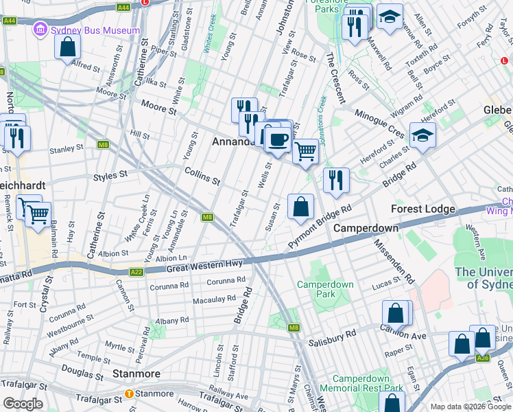 map of restaurants, bars, coffee shops, grocery stores, and more near 52A Nelson Street in Annandale
