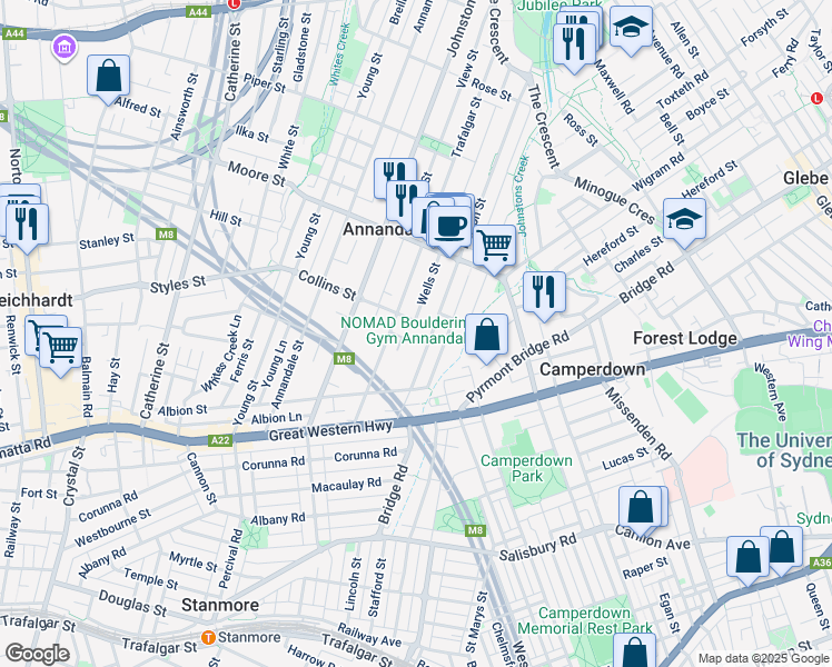 map of restaurants, bars, coffee shops, grocery stores, and more near 52A Nelson Street in Annandale