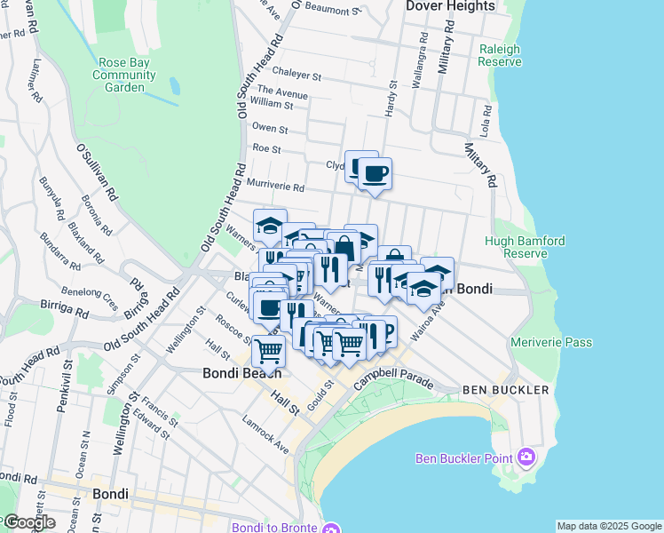 map of restaurants, bars, coffee shops, grocery stores, and more near 78 Glenayr Avenue in North Bondi