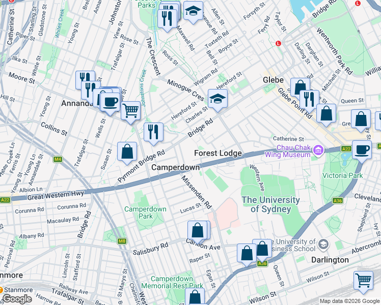 map of restaurants, bars, coffee shops, grocery stores, and more near 5 Pyrmont Bridge Road in Camperdown