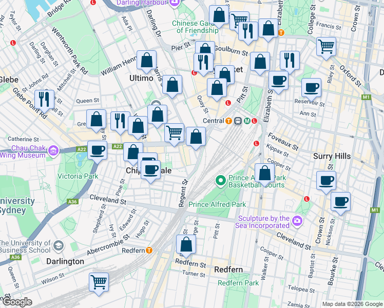 map of restaurants, bars, coffee shops, grocery stores, and more near 27 Regent Street in Chippendale