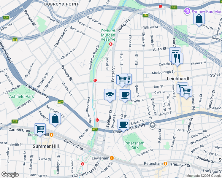 map of restaurants, bars, coffee shops, grocery stores, and more near 22 Foster Street in Leichhardt
