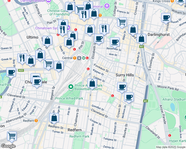 map of restaurants, bars, coffee shops, grocery stores, and more near 8 Cooper Street in Surry Hills
