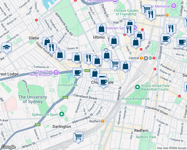 map of restaurants, bars, coffee shops, grocery stores, and more near 2 Grafton Street in Chippendale
