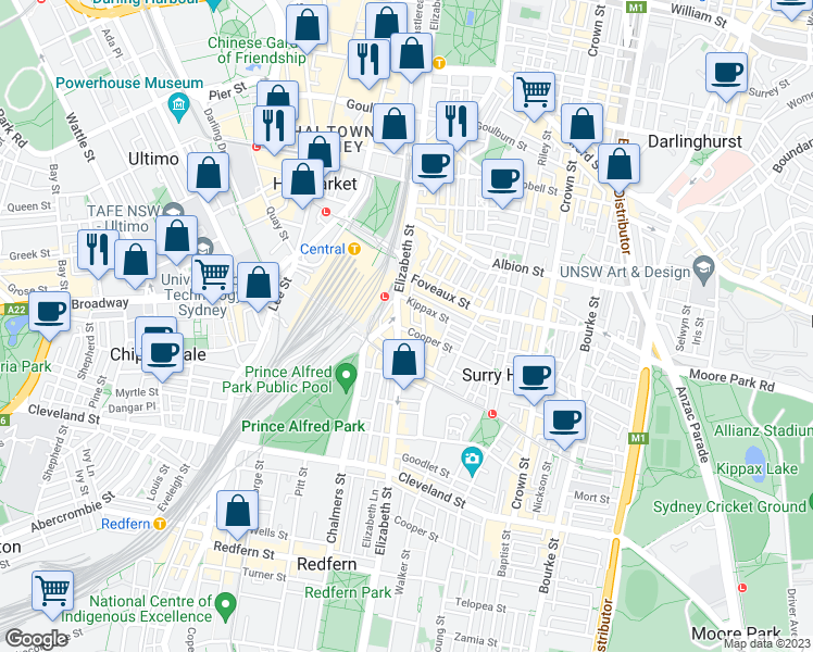 map of restaurants, bars, coffee shops, grocery stores, and more near 8 Cooper Street in Surry Hills
