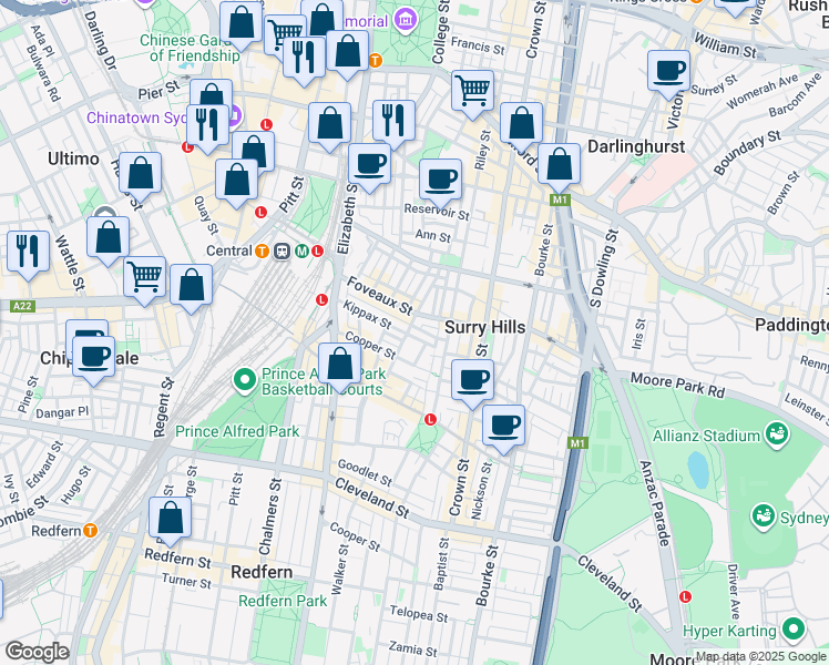 map of restaurants, bars, coffee shops, grocery stores, and more near 110-120 Kippax Street in Surry Hills