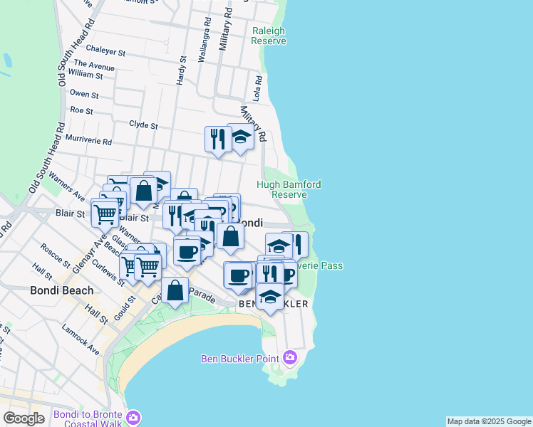 map of restaurants, bars, coffee shops, grocery stores, and more near 28 O'Donnell Street in North Bondi