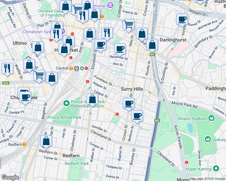map of restaurants, bars, coffee shops, grocery stores, and more near 110-120 Kippax Street in Surry Hills