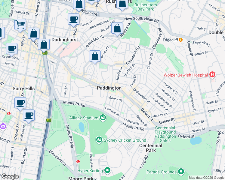 map of restaurants, bars, coffee shops, grocery stores, and more near 251-255 Oxford Street in Paddington