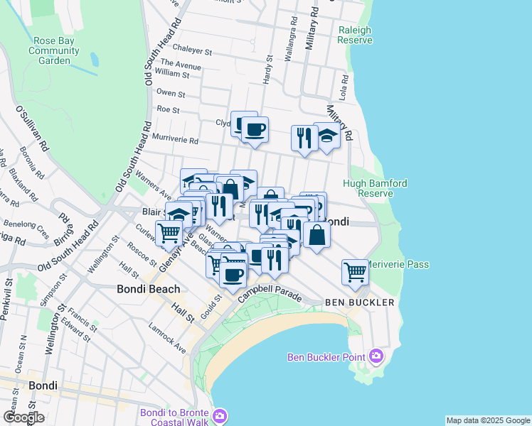 map of restaurants, bars, coffee shops, grocery stores, and more near 72 Blair Street in North Bondi