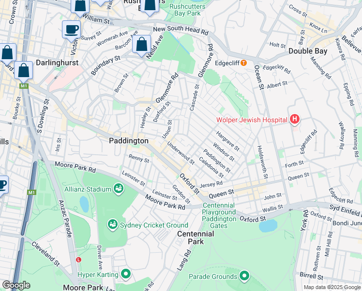 map of restaurants, bars, coffee shops, grocery stores, and more near 29A Dudley Street in Paddington
