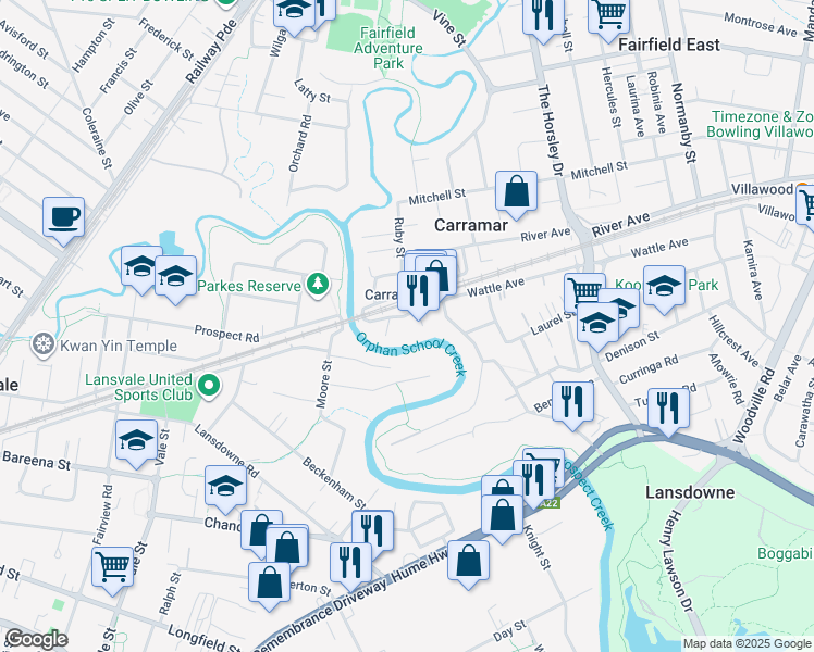 map of restaurants, bars, coffee shops, grocery stores, and more near 160 Sandal Crescent in Carramar