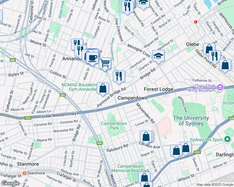 map of restaurants, bars, coffee shops, grocery stores, and more near 1 Layton Street in Camperdown