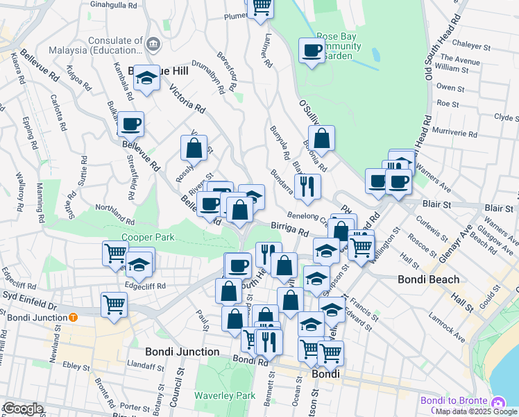 map of restaurants, bars, coffee shops, grocery stores, and more near 157 Victoria Road in Bellevue Hill