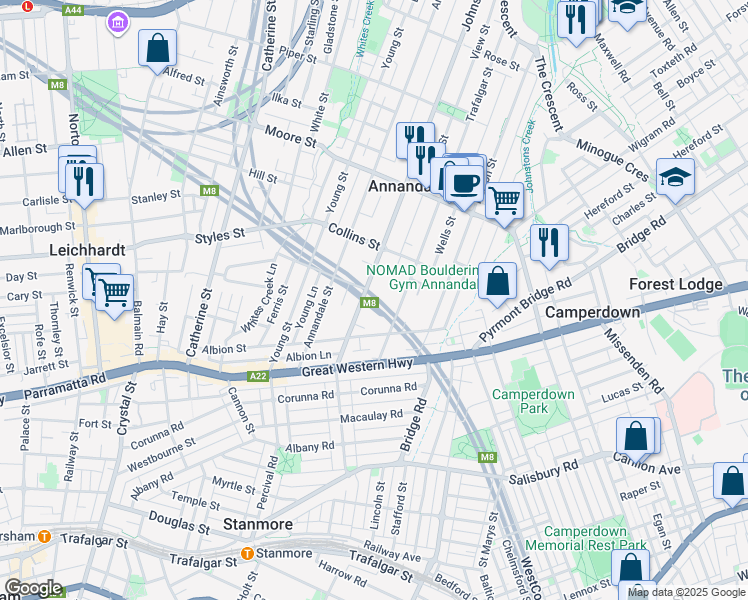map of restaurants, bars, coffee shops, grocery stores, and more near 27 Johnston Street in Annandale