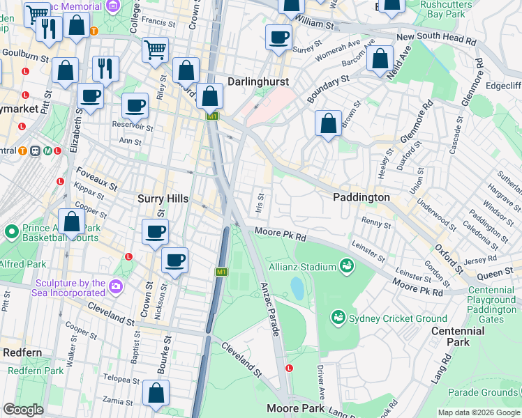 map of restaurants, bars, coffee shops, grocery stores, and more near 49 Iris Street in Paddington