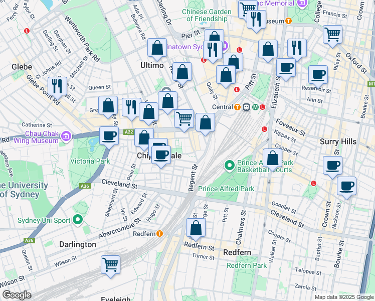 map of restaurants, bars, coffee shops, grocery stores, and more near 18 Park Lane in Chippendale