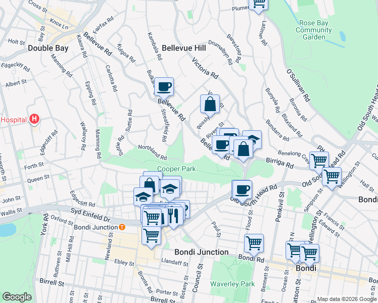 map of restaurants, bars, coffee shops, grocery stores, and more near 17A Cooper Park Road in Bellevue Hill