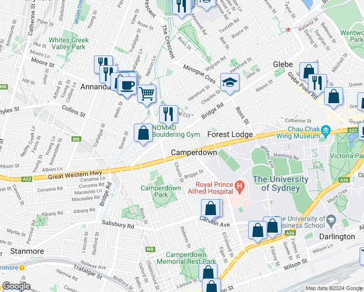 map of restaurants, bars, coffee shops, grocery stores, and more near 6-10 Purkis Street in Camperdown