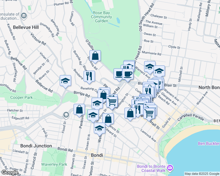 map of restaurants, bars, coffee shops, grocery stores, and more near 69 Birriga Road in Bellevue Hill