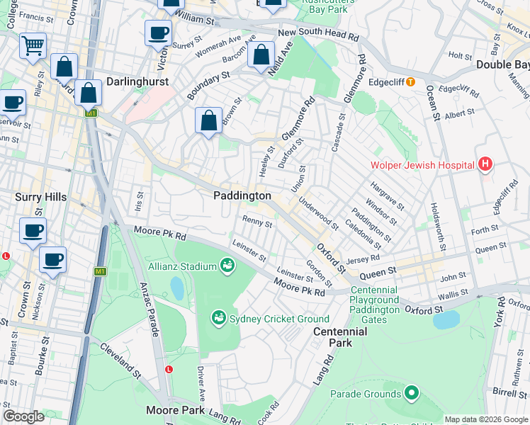 map of restaurants, bars, coffee shops, grocery stores, and more near 2 Renny Lane in Paddington