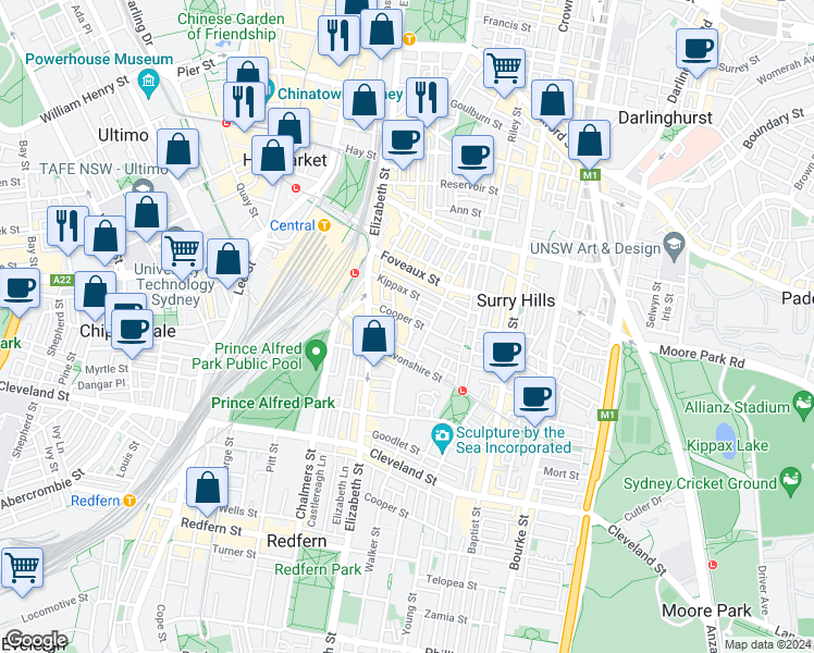 map of restaurants, bars, coffee shops, grocery stores, and more near 47-53 Cooper Street in Surry Hills