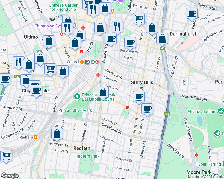 map of restaurants, bars, coffee shops, grocery stores, and more near 47 Cooper Street in Surry Hills