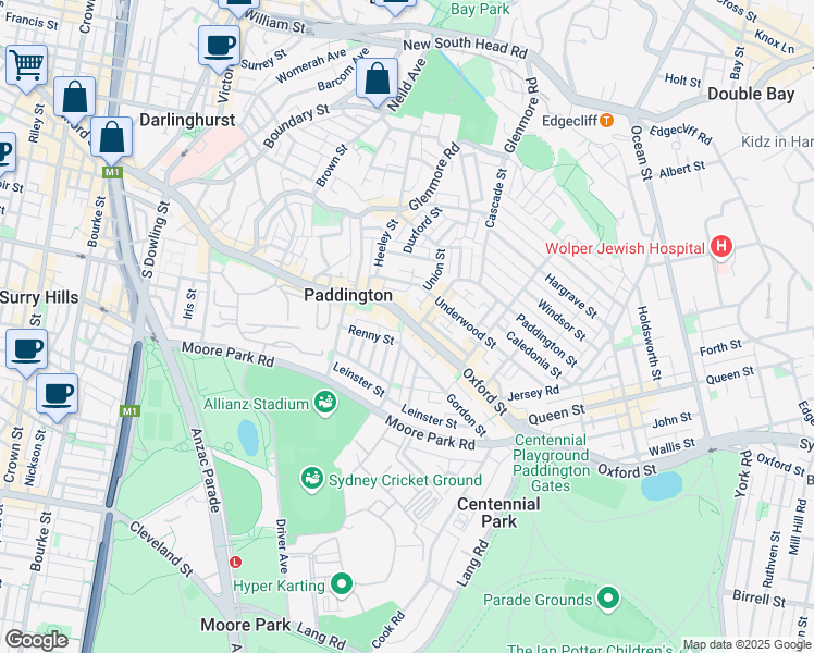 map of restaurants, bars, coffee shops, grocery stores, and more near 339-343 Oxford Street in Paddington