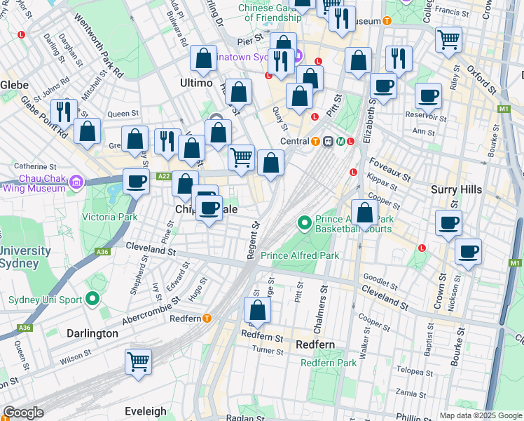map of restaurants, bars, coffee shops, grocery stores, and more near 71-75 Regent Street in Chippendale