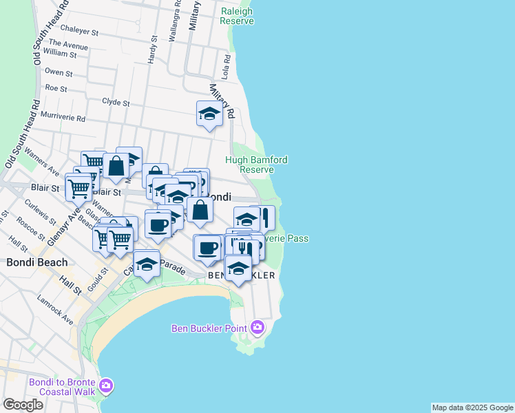 map of restaurants, bars, coffee shops, grocery stores, and more near 183 Blair Street in North Bondi