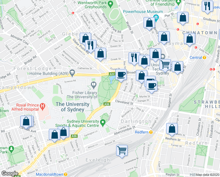 map of restaurants, bars, coffee shops, grocery stores, and more near Parramatta Road in Broadway