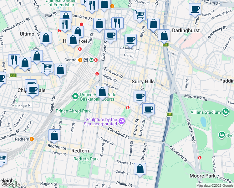 map of restaurants, bars, coffee shops, grocery stores, and more near 28 Waterloo Street in Surry Hills