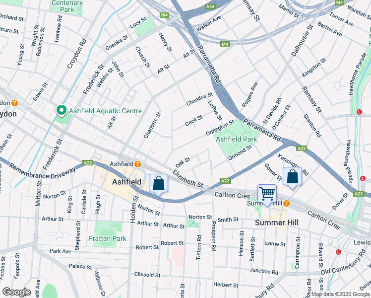 map of restaurants, bars, coffee shops, grocery stores, and more near 25 Orpington Street in Ashfield