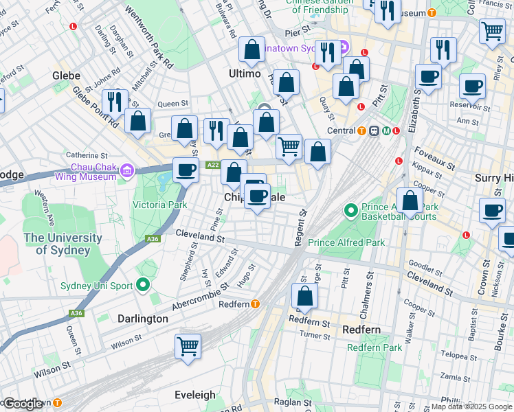map of restaurants, bars, coffee shops, grocery stores, and more near 1 Abercrombie Street in Chippendale