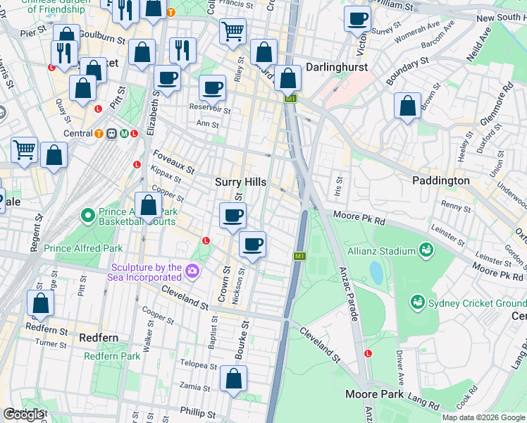 map of restaurants, bars, coffee shops, grocery stores, and more near Bourke Street in Surry Hills