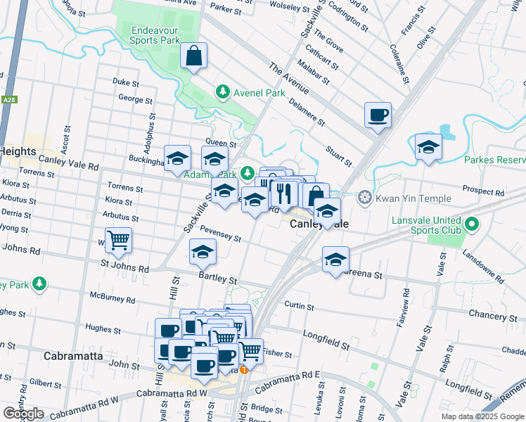 map of restaurants, bars, coffee shops, grocery stores, and more near 60 Canley Vale Road in Canley Vale