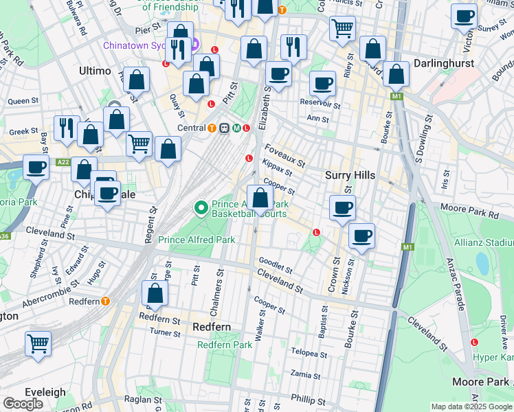 map of restaurants, bars, coffee shops, grocery stores, and more near Elizabeth Street in Council of the City of Sydney