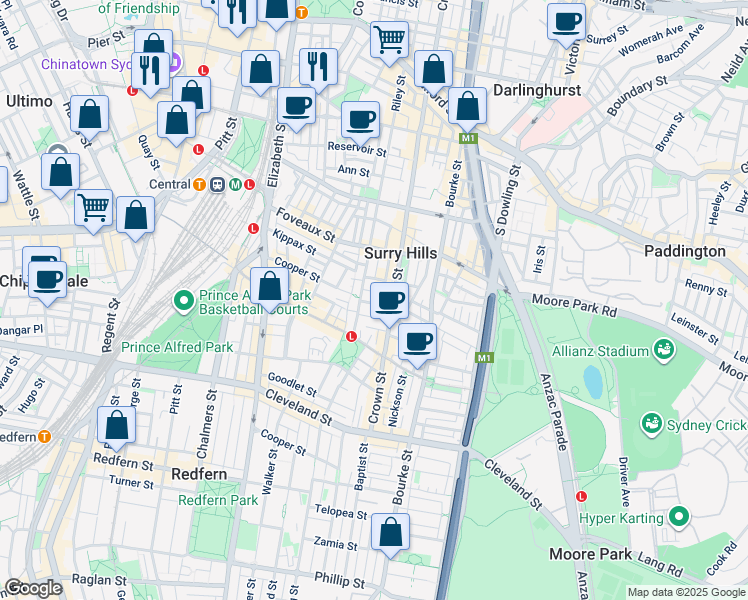 map of restaurants, bars, coffee shops, grocery stores, and more near 12 Arthur Street in Surry Hills