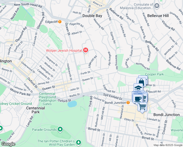 map of restaurants, bars, coffee shops, grocery stores, and more near 38 Nelson Street in Woollahra