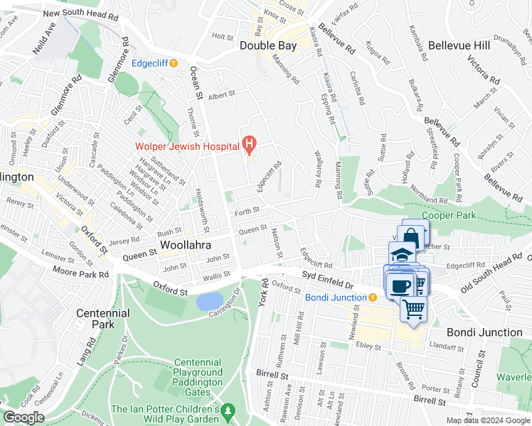 map of restaurants, bars, coffee shops, grocery stores, and more near 38 Nelson Street in Woollahra