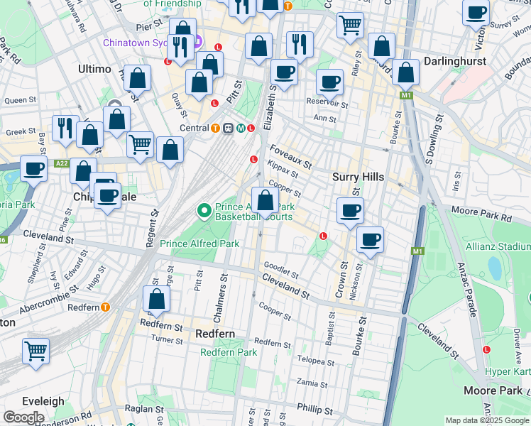 map of restaurants, bars, coffee shops, grocery stores, and more near 424 Elizabeth Street in Surry Hills