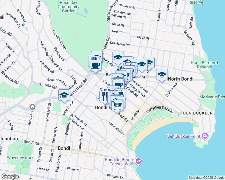 map of restaurants, bars, coffee shops, grocery stores, and more near 67 Curlewis Street in Bondi Beach