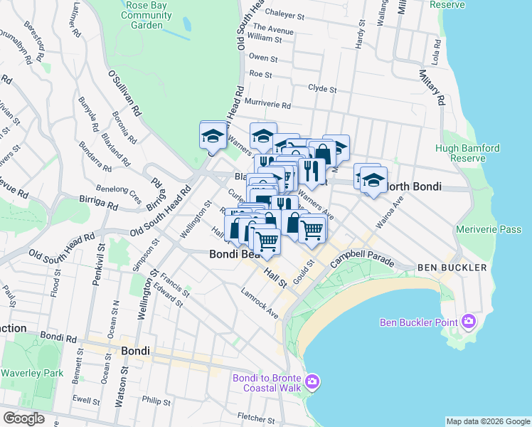 map of restaurants, bars, coffee shops, grocery stores, and more near 129 Glenayr Avenue in Bondi Beach