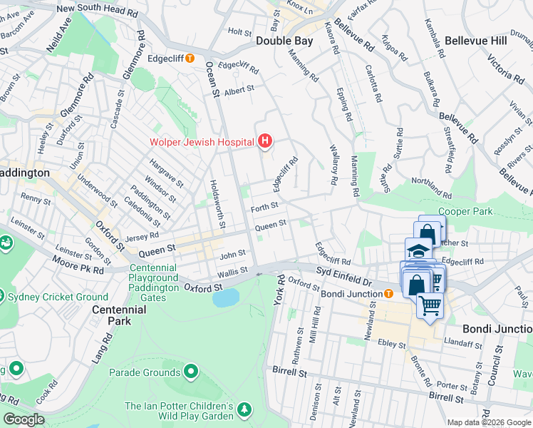 map of restaurants, bars, coffee shops, grocery stores, and more near 9 Pickering Lane in Woollahra