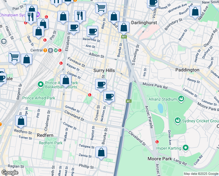 map of restaurants, bars, coffee shops, grocery stores, and more near 60 Arthur Street in Surry Hills