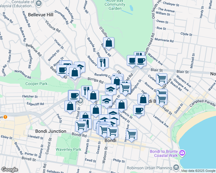 map of restaurants, bars, coffee shops, grocery stores, and more near 31 Birriga Road in Bellevue Hill