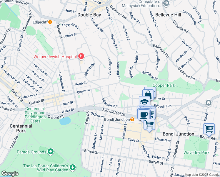 map of restaurants, bars, coffee shops, grocery stores, and more near 24 Chester Street in Woollahra